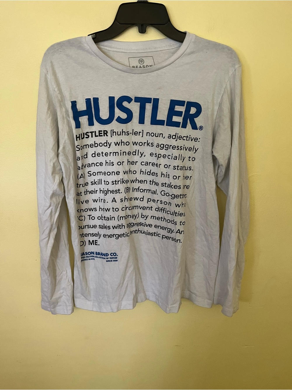 Reason Brand White Long Sleeve Tee with Blue HUSTLER Graphic Size Medium